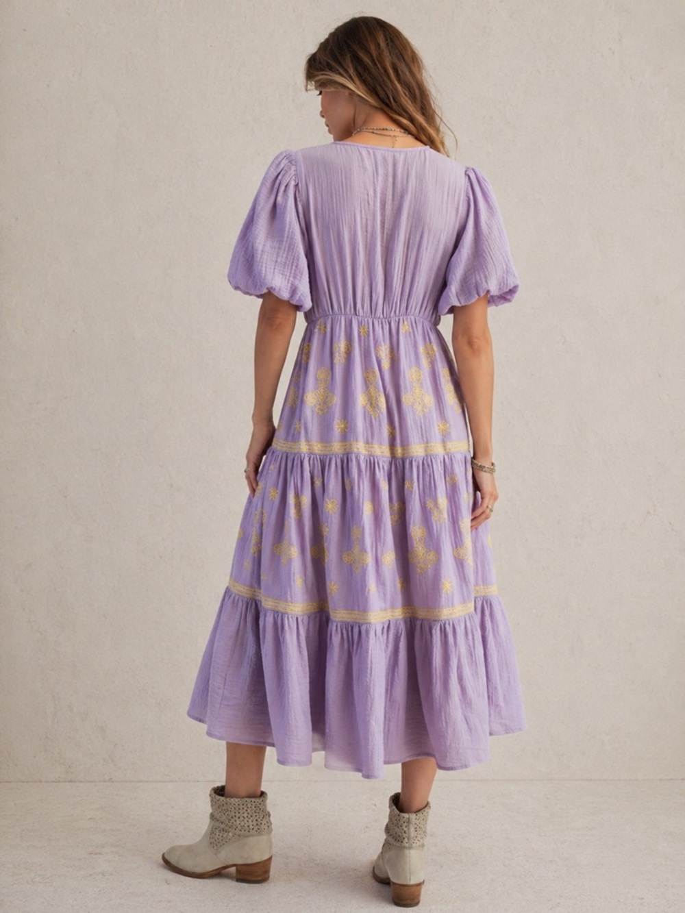 #90 Easel Lavender Maxi Dress with Yellow Embroidery - Picture 2 of 3